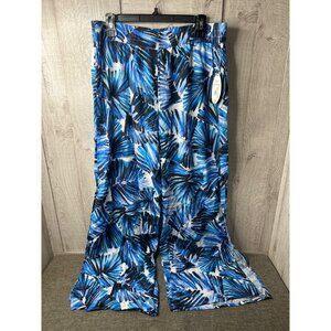 Tropic Goddess Women Large Blue Tropical Leaf Print Cruise Beach Wide-Leg Pants